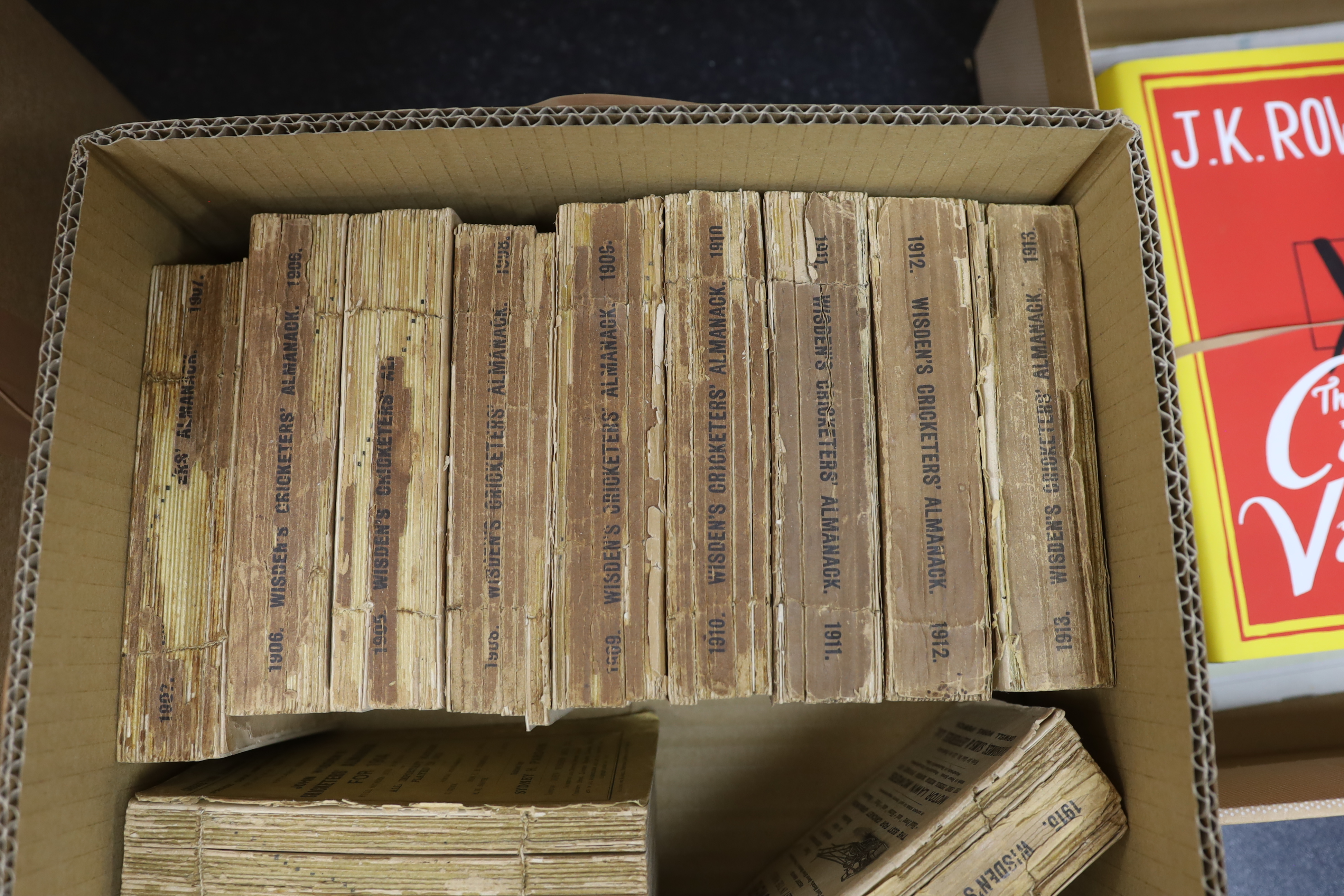 Wisden - John Wisden’s Cricketer’s Almanack for 1905-15 all with original wrappers, front covers loose, bar for 1912-15, most spines cracked and with loss, 1905 lacking rear cover, together with duplicates for the years